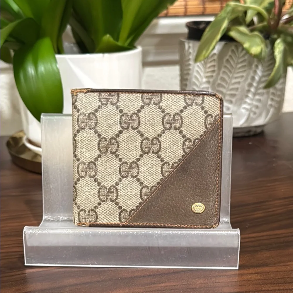 Gucci Monogram Bifold Wallet with Brown Leather Trim